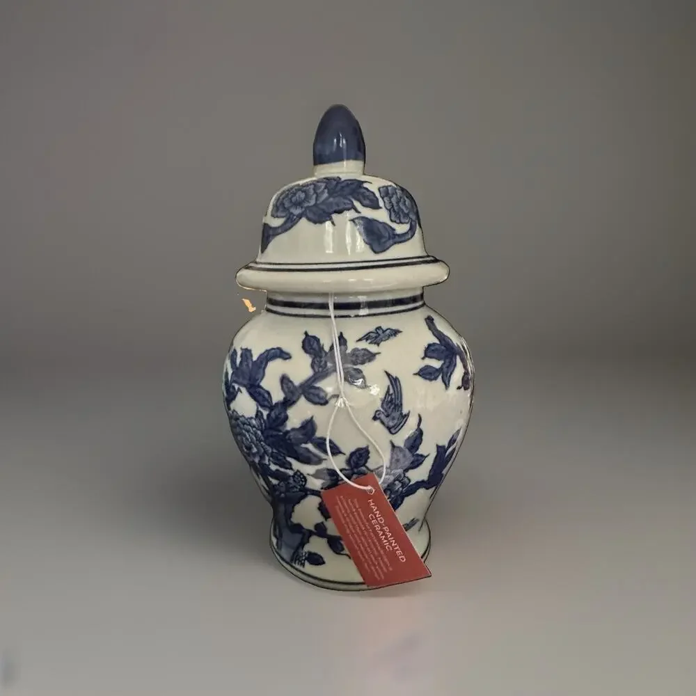 Blue & White Ceramic Rose Ginger Jar Vase Lid Decorative Chinoiserie NWT 10” T